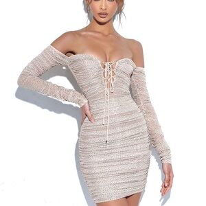 NEW Miss Circle Beige Off Shoulder Long Sleeve Mesh Dress With Crystals